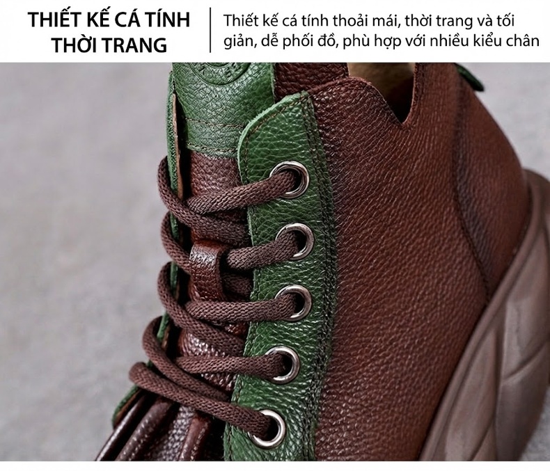 Boot Nữ Da Bò Dây Buộc Đế Bánh Mì Chiều Cao Đế Khoảng 5cm Màu Nâu, Đen, Xanh Lá chi tiết 6