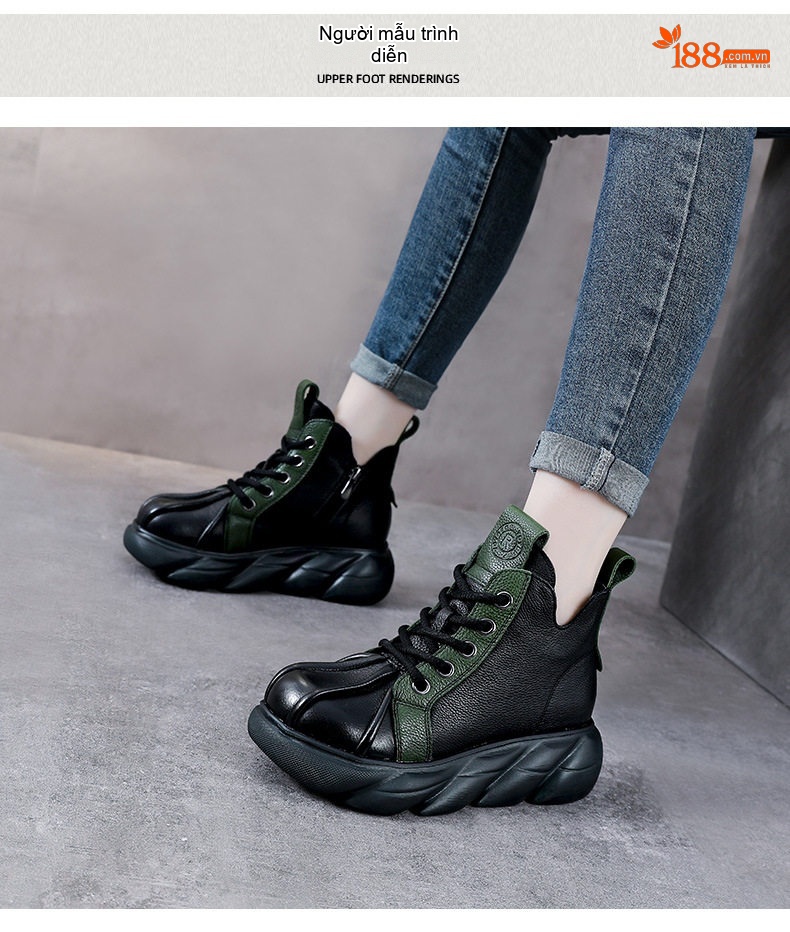 Boot Nữ Da Bò Dây Buộc Đế Bánh Mì Chiều Cao Đế Khoảng 5cm Màu Nâu, Đen, Xanh Lá chi tiết 10