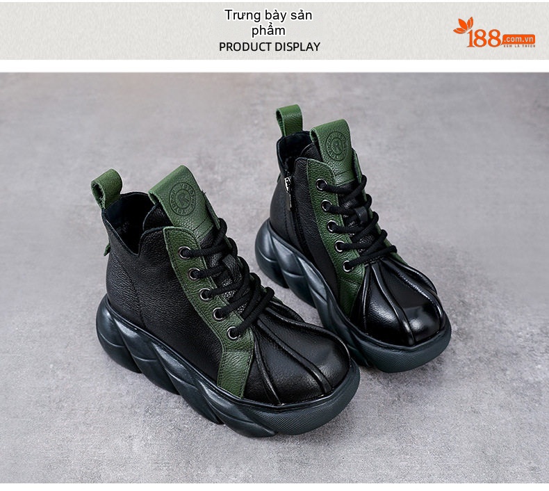 Boot Nữ Da Bò Dây Buộc Đế Bánh Mì Chiều Cao Đế Khoảng 5cm Màu Nâu, Đen, Xanh Lá chi tiết 11