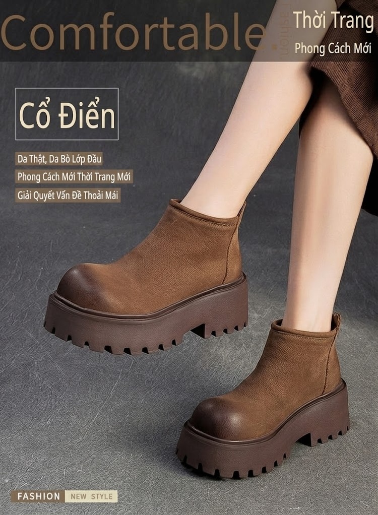 Boot Nữ Da Bò Đế Bánh Mì Chiều Cao Đế Khoảng 5cm Màu Nâu chi tiết 1