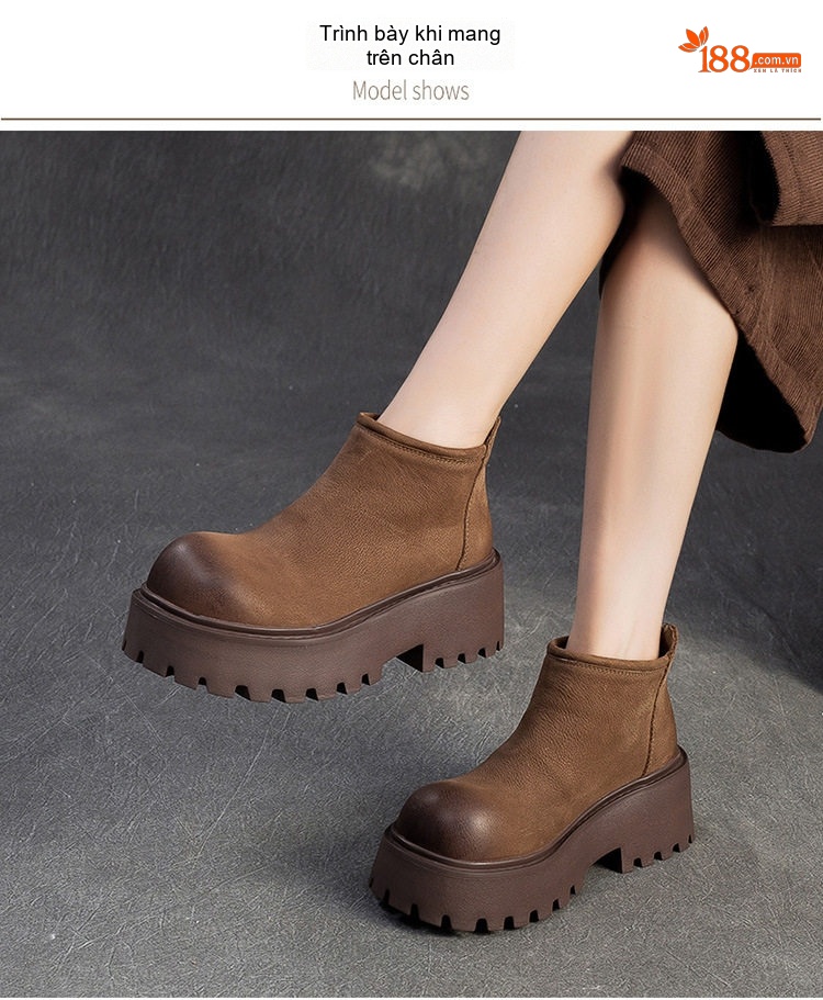 Boot Nữ Da Bò Đế Bánh Mì Chiều Cao Đế Khoảng 5cm Màu Nâu chi tiết 7