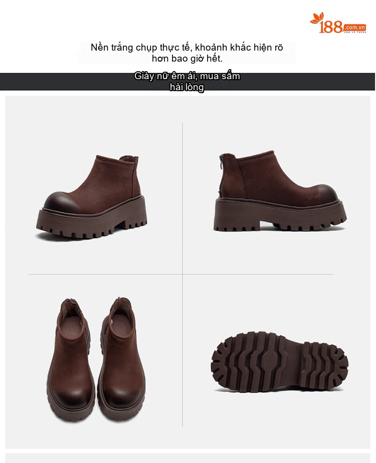 Boot Nữ Da Bò Đế Bánh Mì Chiều Cao Đế Khoảng 5cm Màu Nâu chi tiết 16