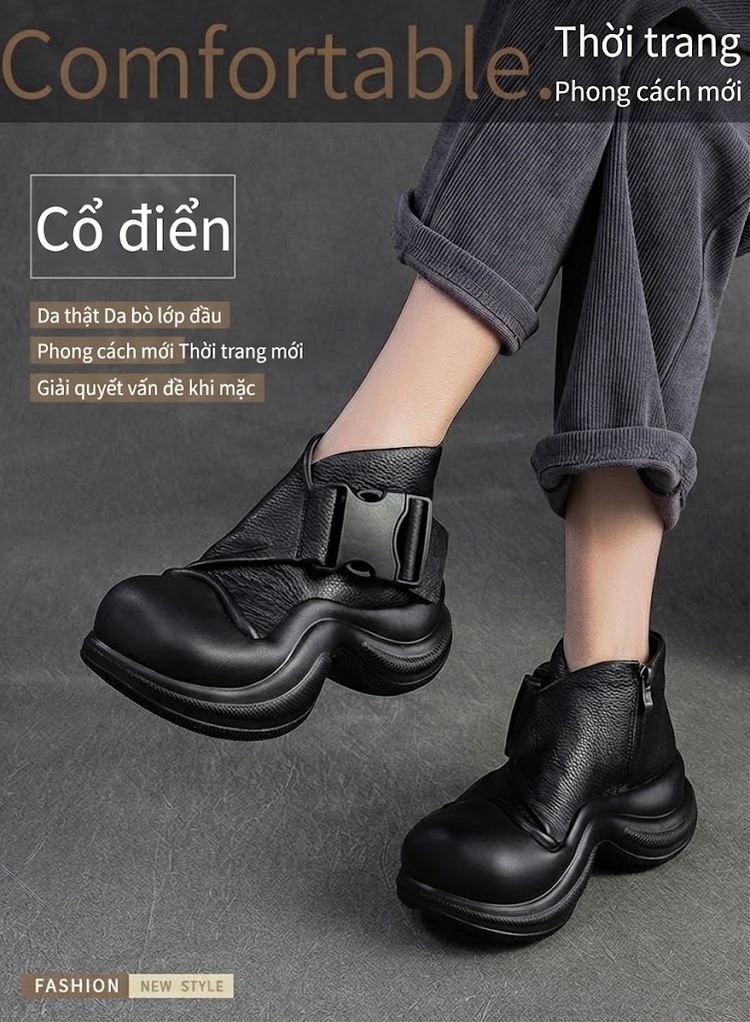 Boot Nữ Da Bò Đế Bánh Mì Chiều Cao Đế Khoảng 5cm Phong Cách Retro Màu Đen, Nâu chi tiết 1