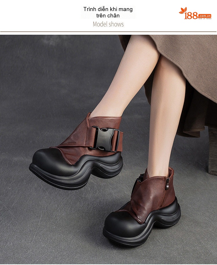 Boot Nữ Da Bò Đế Bánh Mì Chiều Cao Đế Khoảng 5cm Phong Cách Retro Màu Đen, Nâu chi tiết 6
