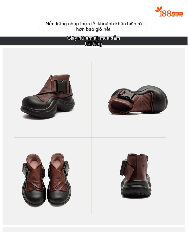 Boot Nữ Da Bò Đế Bánh Mì Chiều Cao Đế Khoảng 5cm Phong Cách Retro Màu Đen, Nâu chi tiết 15