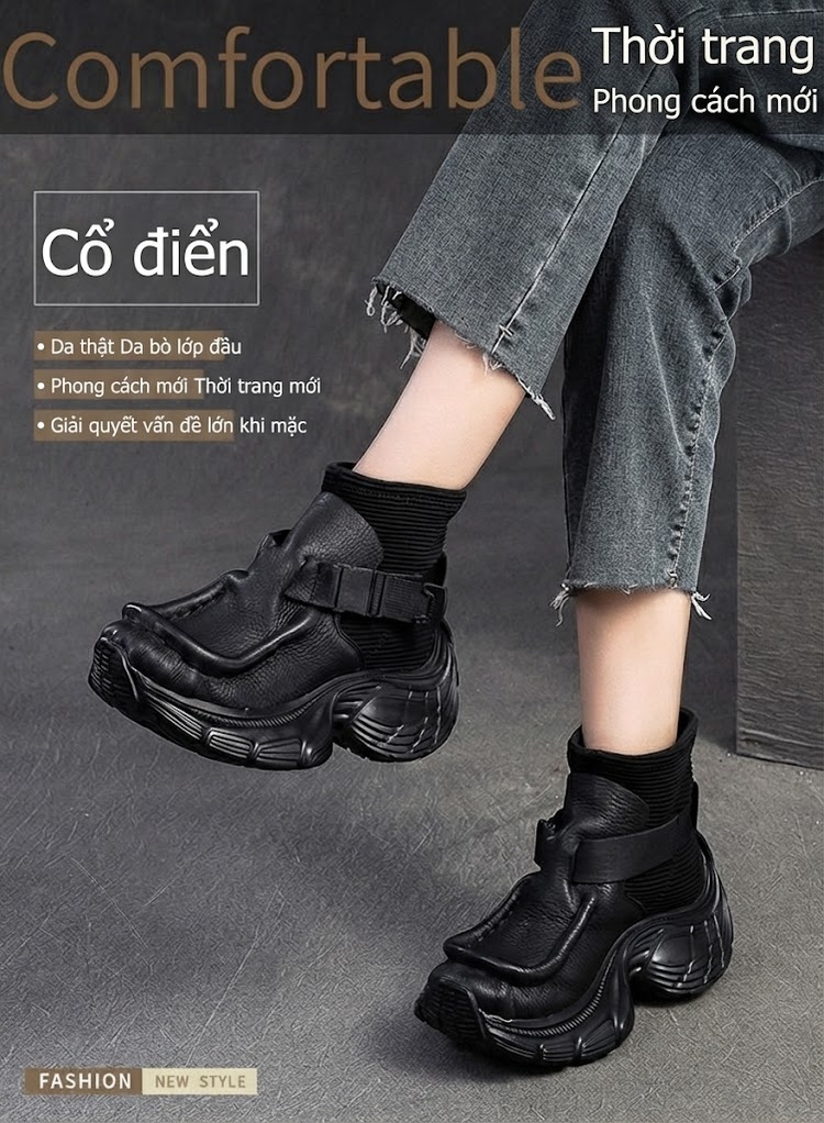 Boot Nữ Da Bò Đế Bánh Mì Chiều Cao Đế Khoảng 6cm Phong Cách Vintage Màu Đen, Nâu chi tiết 1