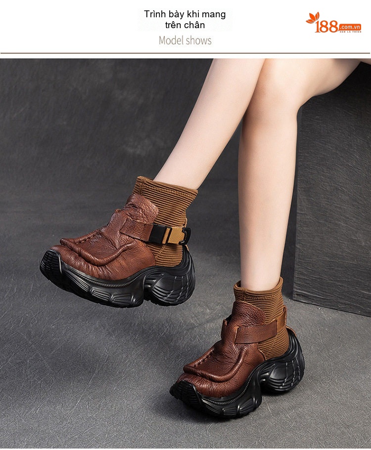Boot Nữ Da Bò Đế Bánh Mì Chiều Cao Đế Khoảng 6cm Phong Cách Vintage Màu Đen, Nâu chi tiết 7