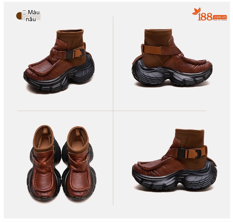 Boot Nữ Da Bò Đế Bánh Mì Chiều Cao Đế Khoảng 6cm Phong Cách Vintage Màu Đen, Nâu chi tiết 17