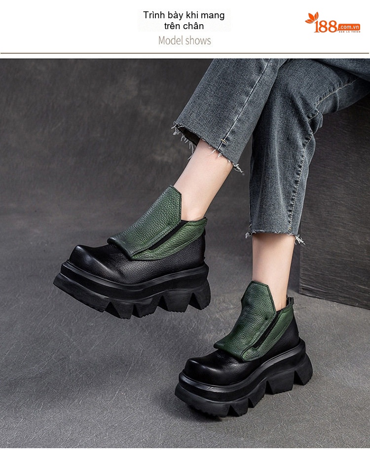 Boot Nữ Da Bò Đế Bệt Dày Dặn Chiều Cao Đế Khoảng 5cm Màu Đen, Nâu, Xanh Lá chi tiết 7