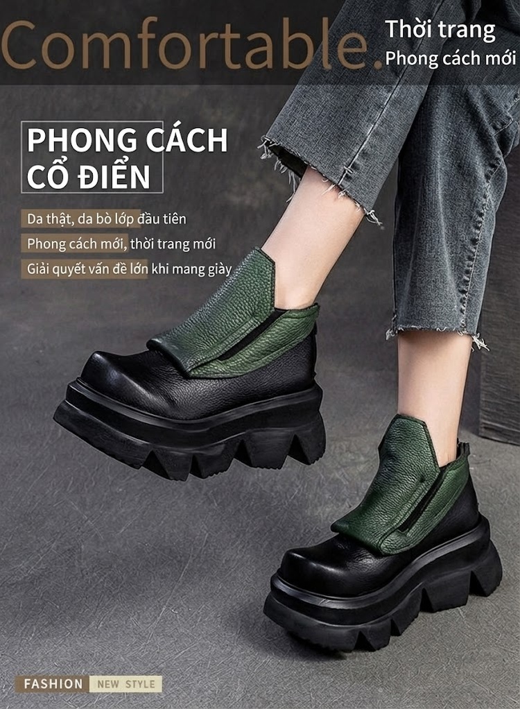 Boot Nữ Da Bò Đế Bệt Dày Dặn Chiều Cao Đế Khoảng 5cm Màu Đen, Nâu, Xanh Lá chi tiết 2