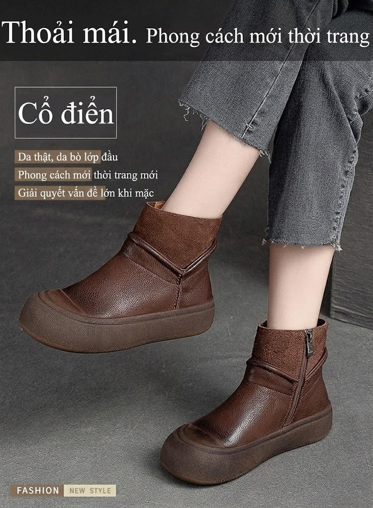 Boot Nữ Da Bò Khóa Bên Hông Chiều Cao Đế Khoảng 4cm Màu Nâu chi tiết 2