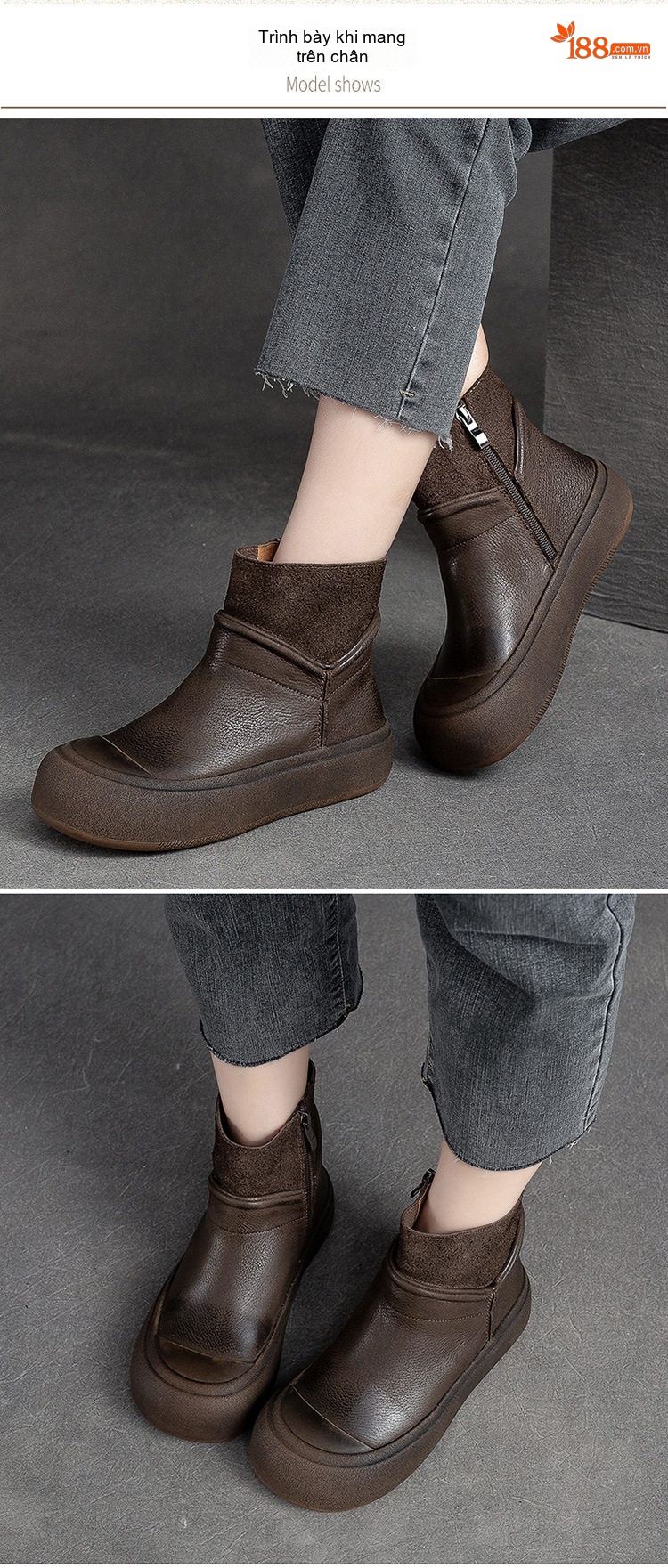 Boot Nữ Da Bò Khóa Bên Hông Chiều Cao Đế Khoảng 4cm Màu Nâu chi tiết 7