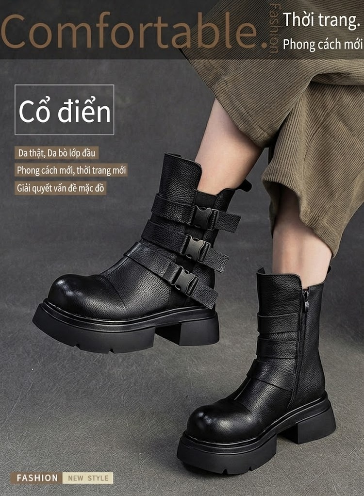 Boot Nữ Da Bò Khóa Cài Bên Hông Chiều Cao Đế Khoảng 5cm Màu Đen, Nâu chi tiết 1
