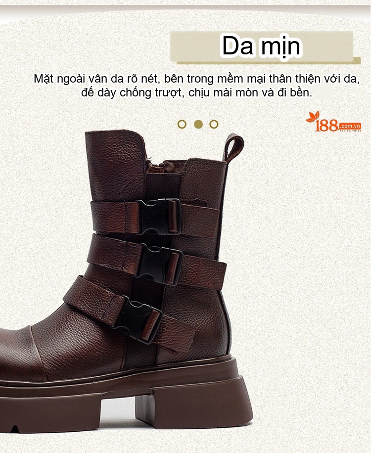 Boot Nữ Da Bò Khóa Cài Bên Hông Chiều Cao Đế Khoảng 5cm Màu Đen, Nâu chi tiết 2