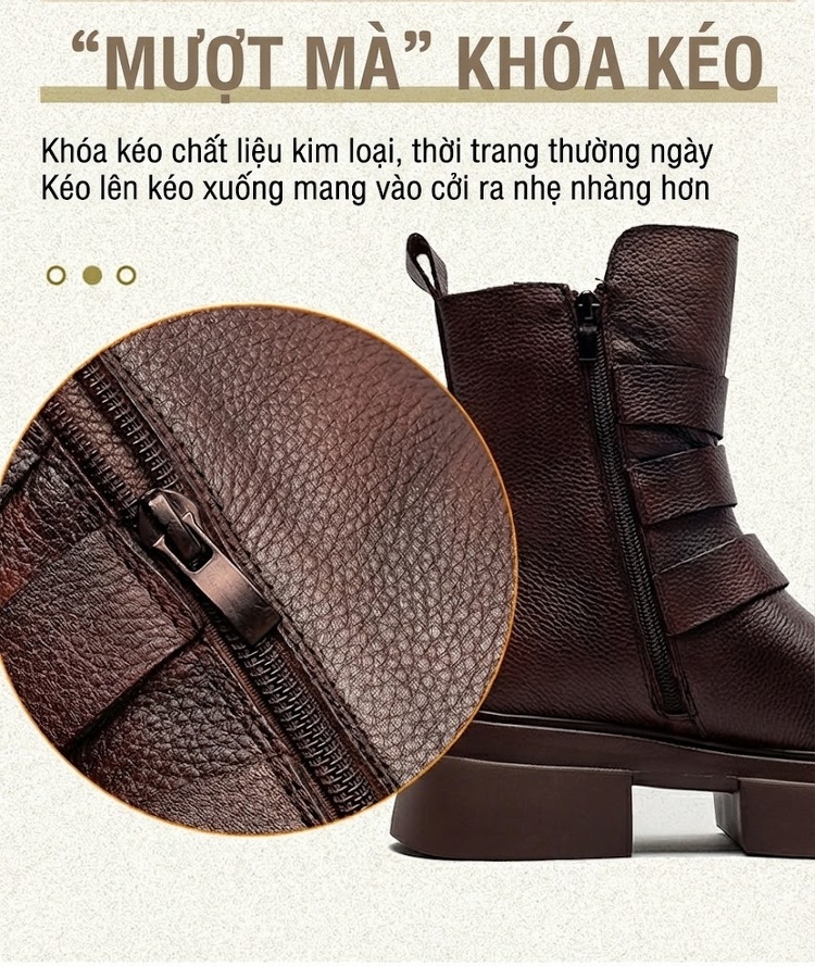 Boot Nữ Da Bò Khóa Cài Bên Hông Chiều Cao Đế Khoảng 5cm Màu Đen, Nâu chi tiết 6