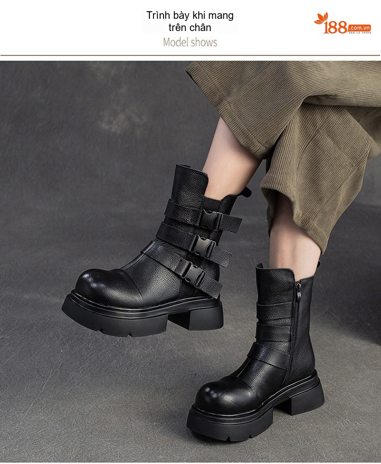 Boot Nữ Da Bò Khóa Cài Bên Hông Chiều Cao Đế Khoảng 5cm Màu Đen, Nâu chi tiết 7