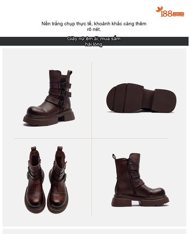 Boot Nữ Da Bò Khóa Cài Bên Hông Chiều Cao Đế Khoảng 5cm Màu Đen, Nâu chi tiết 16