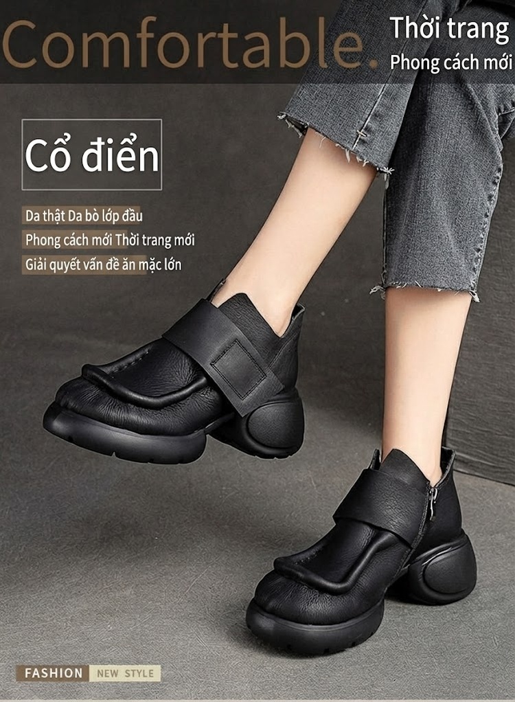 Boot Nữ Da Bò Khóa Kéo Bên Hông Chiều Cao Đế Khoảng 5cm Phong Cách Retro Màu Đen, Nâu chi tiết 2