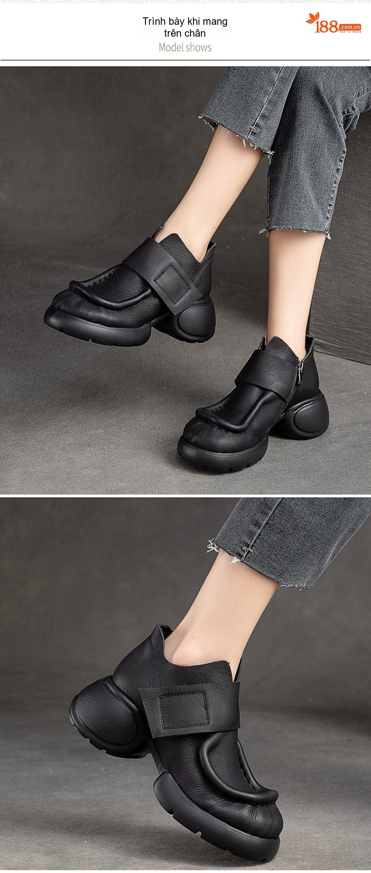 Boot Nữ Da Bò Khóa Kéo Bên Hông Chiều Cao Đế Khoảng 5cm Phong Cách Retro Màu Đen, Nâu chi tiết 7