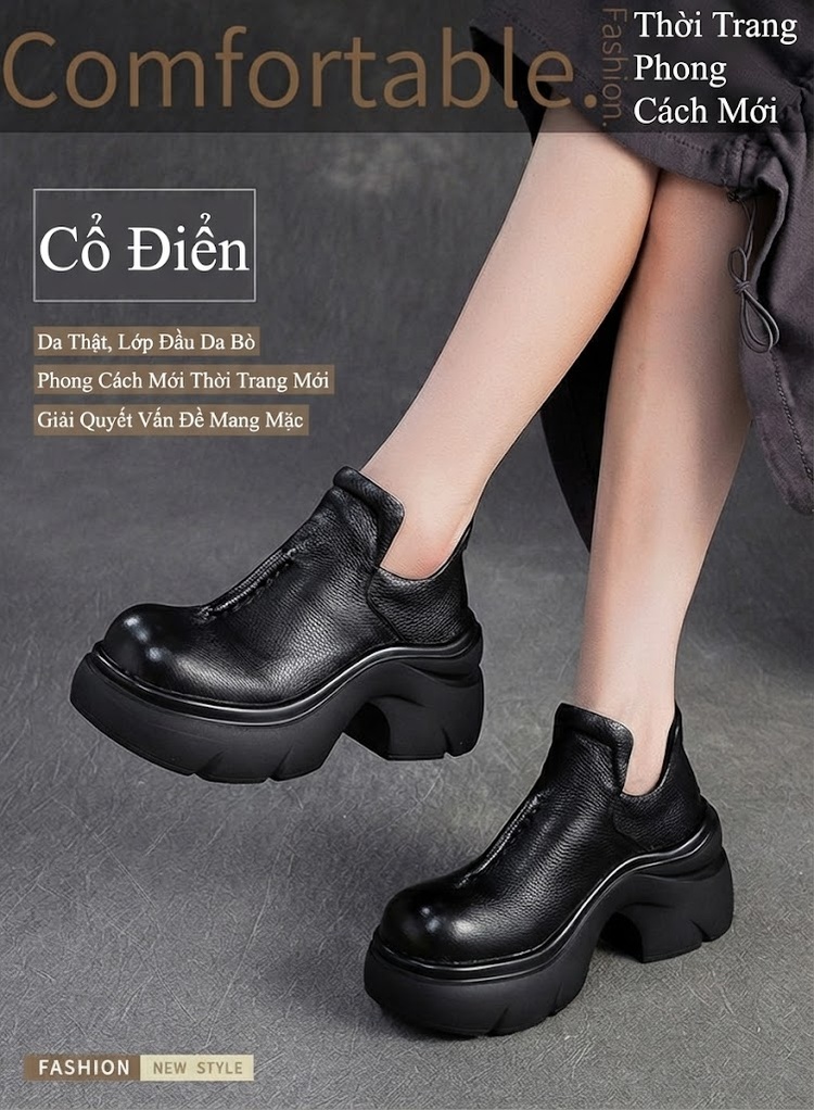 Boot Nữ Da Bò Khóa Kéo Gót Vuông Chiều Cao Đế Khoảng 6cm Màu Đen, Nâu chi tiết 2