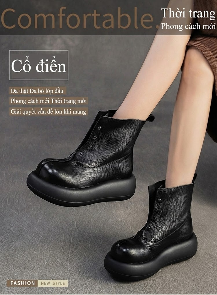 Boot Nữ Da Bò Khóa Kéo Trước Chiều Cao Đế Khoảng 5cm Phong Cách Retro Màu Đen, Nâu chi tiết 1
