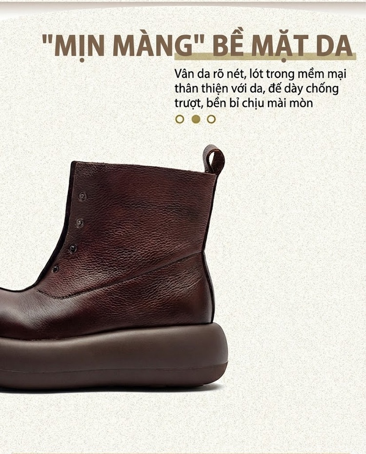 Boot Nữ Da Bò Khóa Kéo Trước Chiều Cao Đế Khoảng 5cm Phong Cách Retro Màu Đen, Nâu chi tiết 2