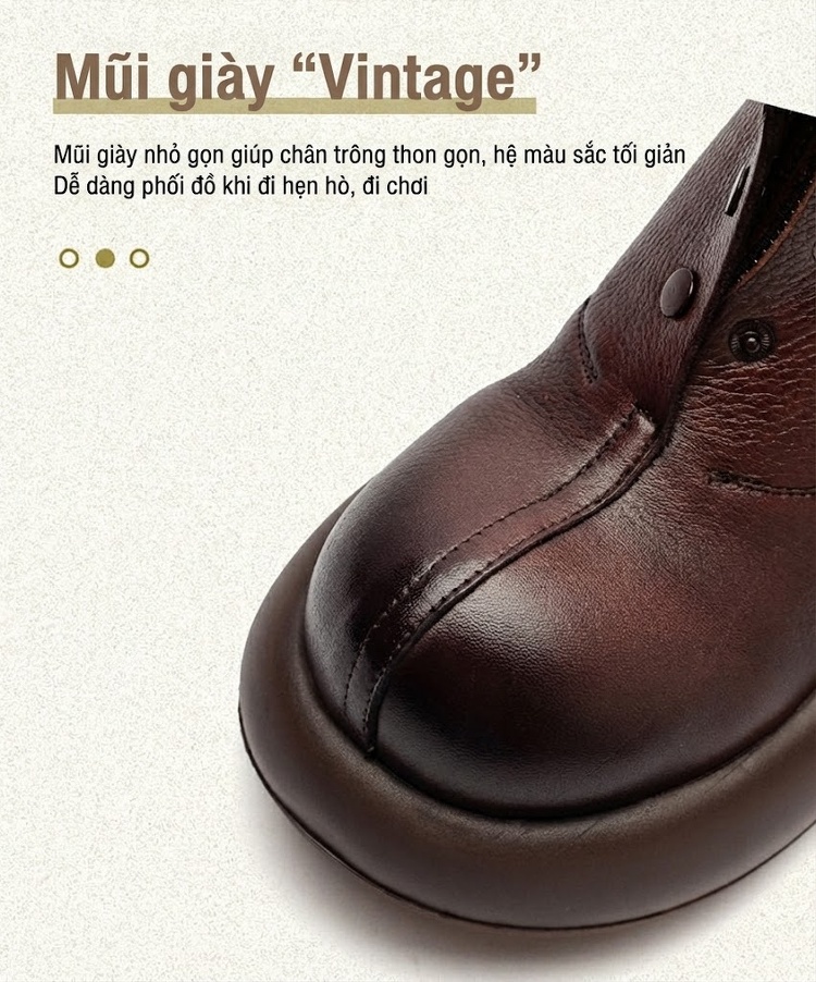 Boot Nữ Da Bò Khóa Kéo Trước Chiều Cao Đế Khoảng 5cm Phong Cách Retro Màu Đen, Nâu chi tiết 3