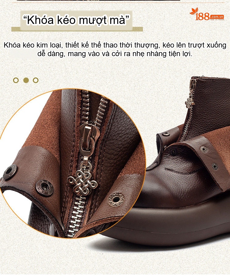 Boot Nữ Da Bò Khóa Kéo Trước Chiều Cao Đế Khoảng 5cm Phong Cách Retro Màu Đen, Nâu chi tiết 6