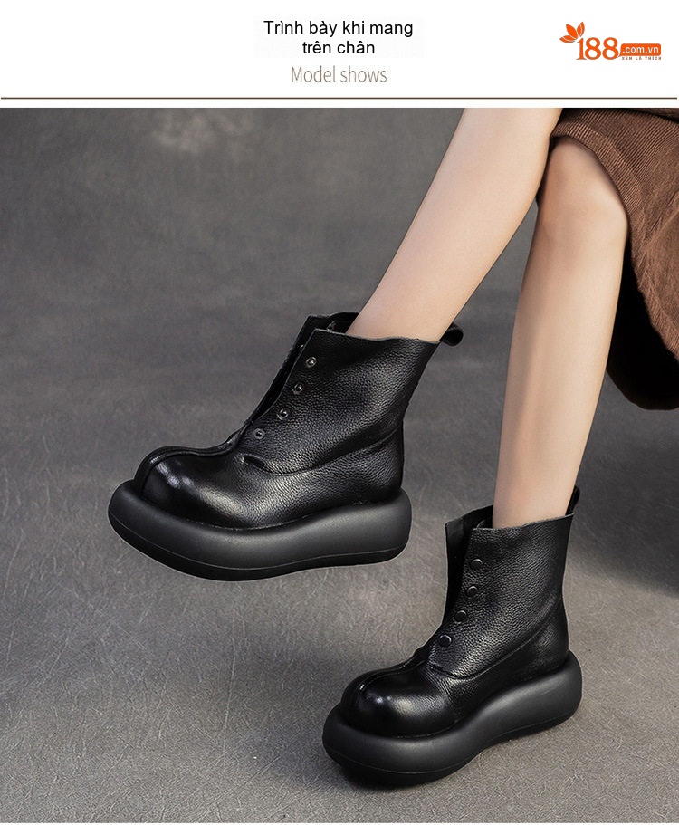 Boot Nữ Da Bò Khóa Kéo Trước Chiều Cao Đế Khoảng 5cm Phong Cách Retro Màu Đen, Nâu chi tiết 7