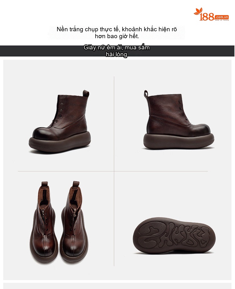 Boot Nữ Da Bò Khóa Kéo Trước Chiều Cao Đế Khoảng 5cm Phong Cách Retro Màu Đen, Nâu chi tiết 16