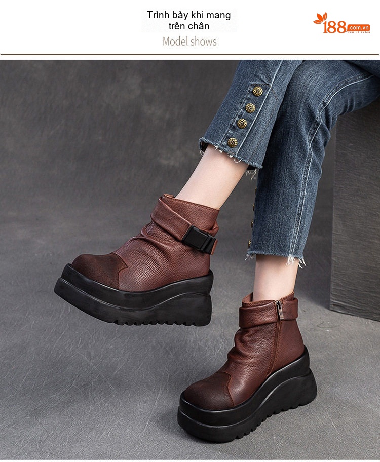 Boot Nữ Da Bò Kiểu Anh Chiều Cao Đế Khoảng 6cm Màu Đen, Nâu chi tiết 6
