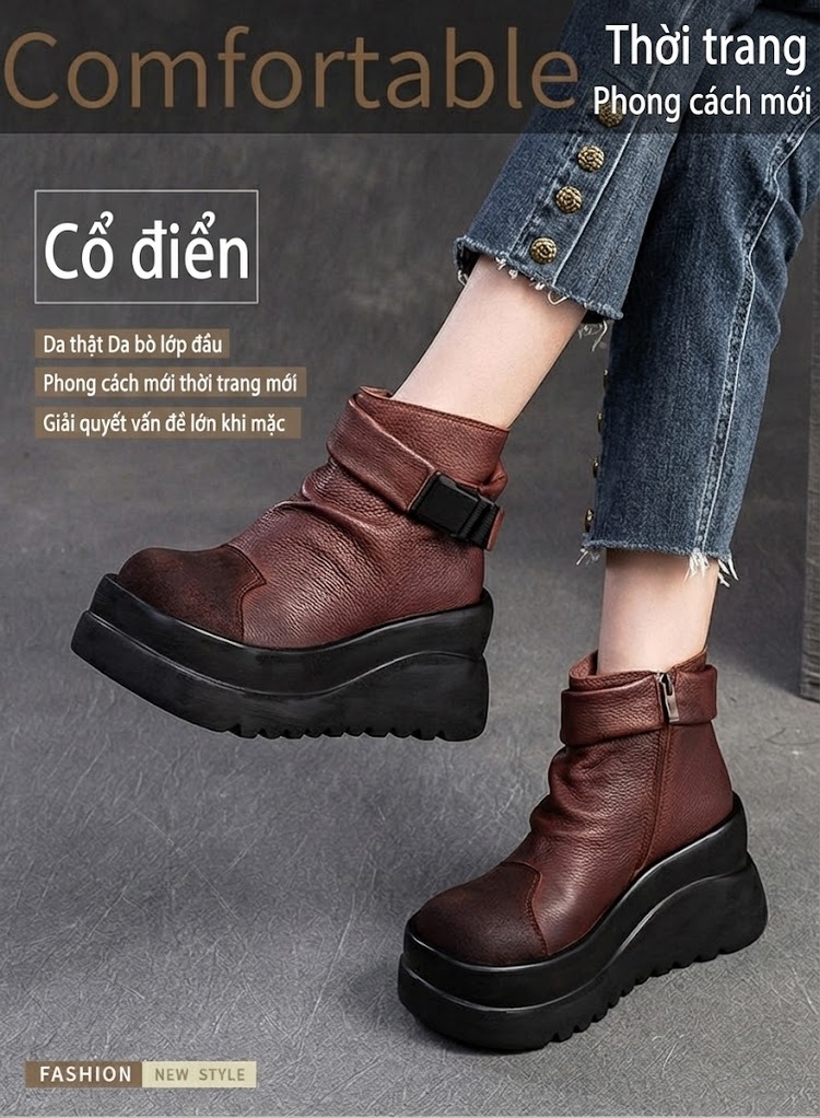 Boot Nữ Da Bò Kiểu Anh Chiều Cao Đế Khoảng 6cm Màu Đen, Nâu chi tiết 1