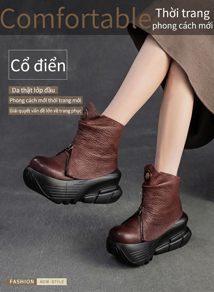 Boot Nữ Da Bò Kiểu Dáng Thời Trang Chiều Cao Đế Khoảng 5cm Màu Đen, Nâu chi tiết 1