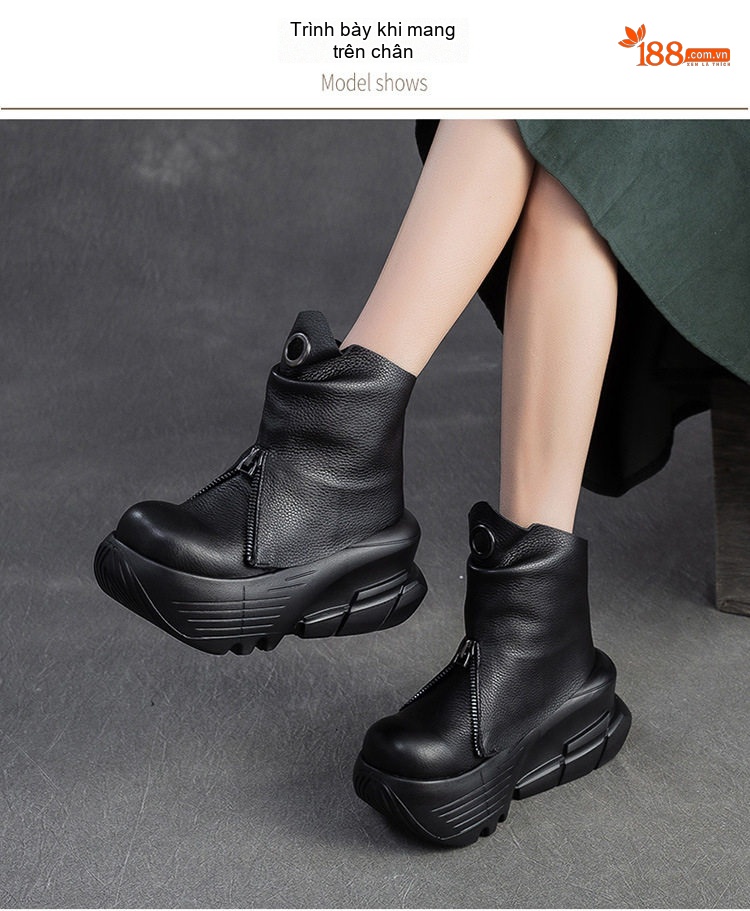 Boot Nữ Da Bò Kiểu Dáng Thời Trang Chiều Cao Đế Khoảng 5cm Màu Đen, Nâu chi tiết 7