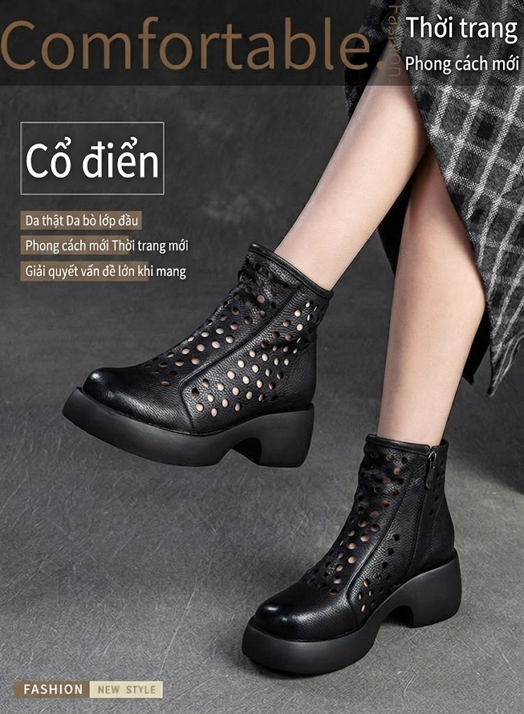 Boot Nữ Da Bò Lỗ Thoáng Khí Đế Xuồng Chiều Cao Đế Khoảng 6cm Phong Cách La Mã Màu Đen, Nâu chi tiết 2