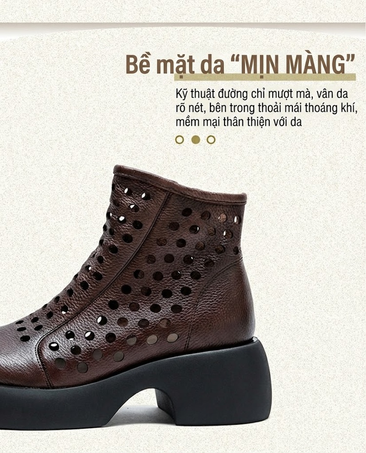 Boot Nữ Da Bò Lỗ Thoáng Khí Đế Xuồng Chiều Cao Đế Khoảng 6cm Phong Cách La Mã Màu Đen, Nâu chi tiết 3