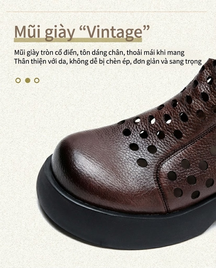 Boot Nữ Da Bò Lỗ Thoáng Khí Đế Xuồng Chiều Cao Đế Khoảng 6cm Phong Cách La Mã Màu Đen, Nâu chi tiết 4