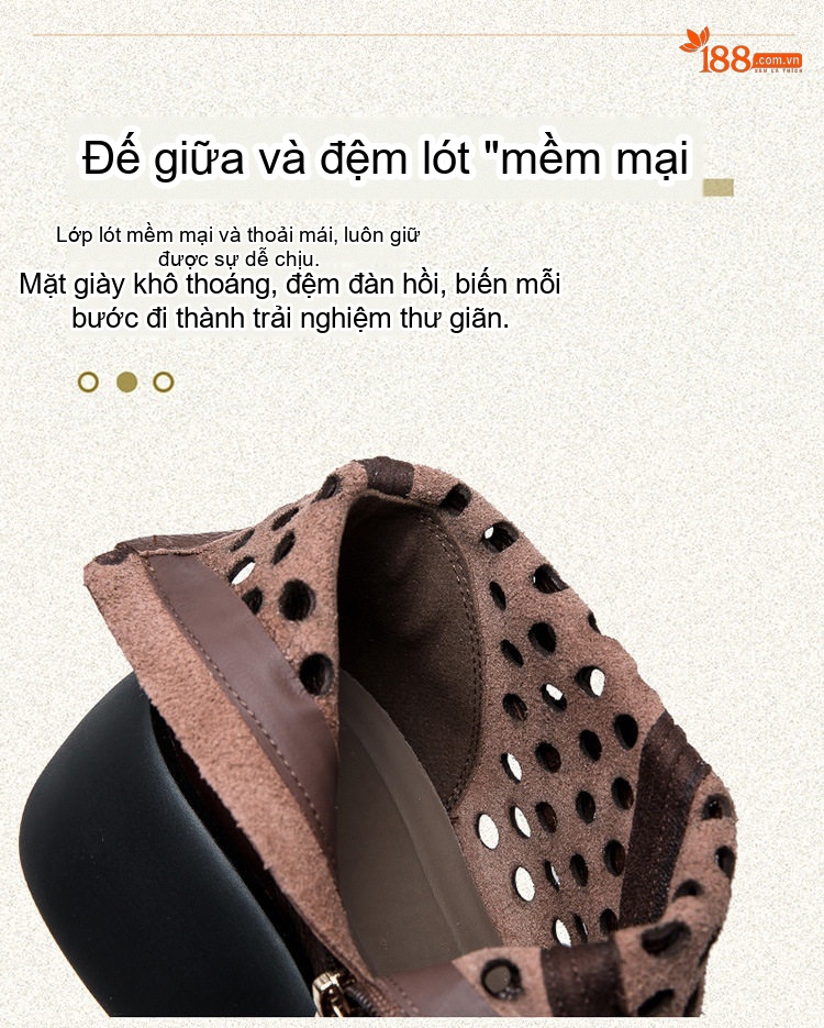 Boot Nữ Da Bò Lỗ Thoáng Khí Đế Xuồng Chiều Cao Đế Khoảng 6cm Phong Cách La Mã Màu Đen, Nâu chi tiết 6
