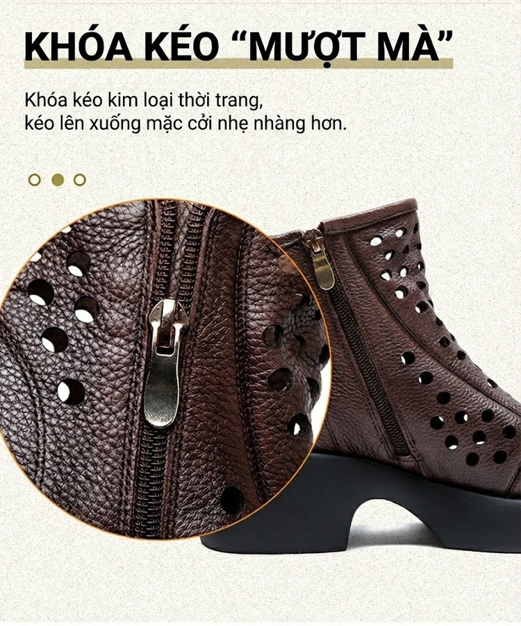 Boot Nữ Da Bò Lỗ Thoáng Khí Đế Xuồng Chiều Cao Đế Khoảng 6cm Phong Cách La Mã Màu Đen, Nâu chi tiết 7