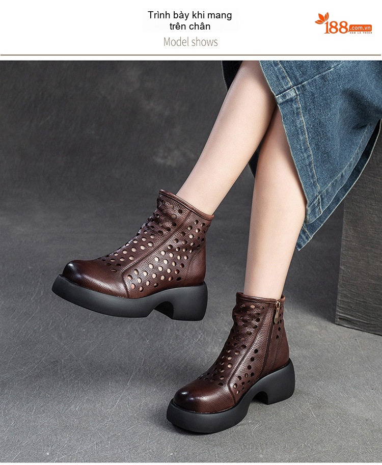 Boot Nữ Da Bò Lỗ Thoáng Khí Đế Xuồng Chiều Cao Đế Khoảng 6cm Phong Cách La Mã Màu Đen, Nâu chi tiết 8