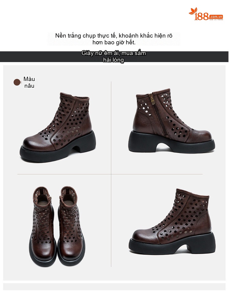 Boot Nữ Da Bò Lỗ Thoáng Khí Đế Xuồng Chiều Cao Đế Khoảng 6cm Phong Cách La Mã Màu Đen, Nâu chi tiết 17