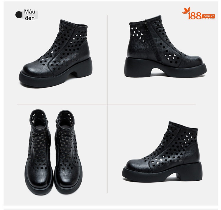 Boot Nữ Da Bò Lỗ Thoáng Khí Đế Xuồng Chiều Cao Đế Khoảng 6cm Phong Cách La Mã Màu Đen, Nâu chi tiết 18