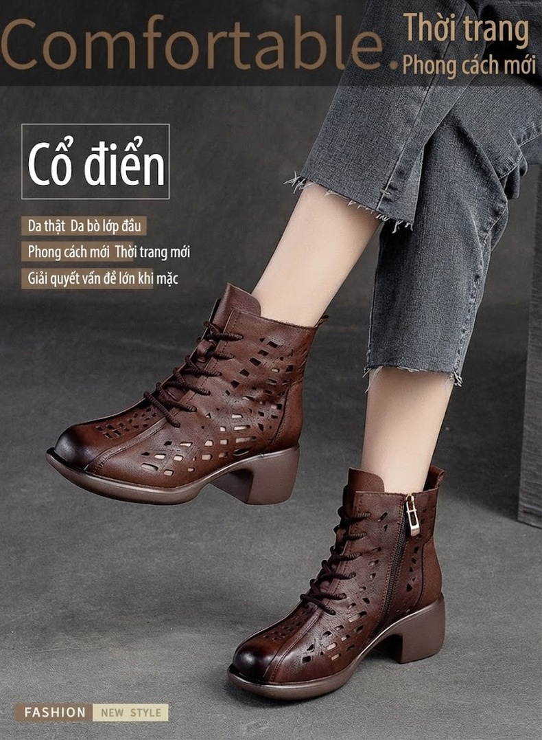 Boot Nữ Da Bò Lỗ Thoáng Mát Mùa Hè Buộc Dây Chiều Cao Đế Khoảng 5cm Màu Nâu, Đen chi tiết 2
