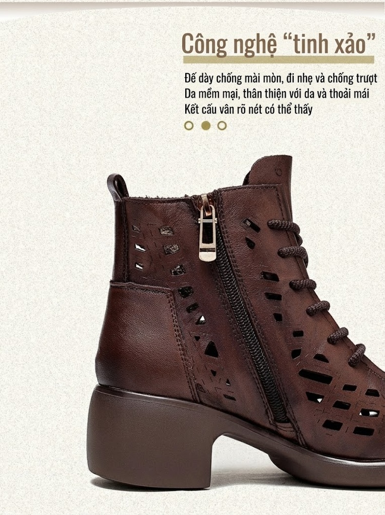 Boot Nữ Da Bò Lỗ Thoáng Mát Mùa Hè Buộc Dây Chiều Cao Đế Khoảng 5cm Màu Nâu, Đen chi tiết 3