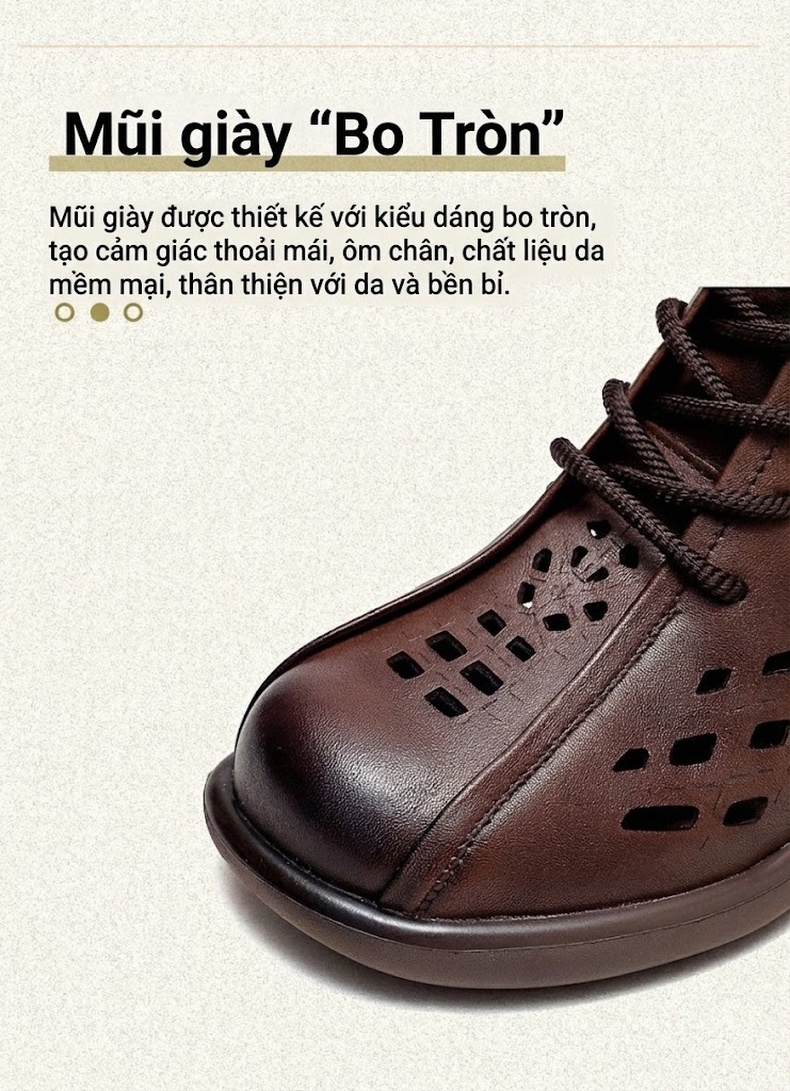 Boot Nữ Da Bò Lỗ Thoáng Mát Mùa Hè Buộc Dây Chiều Cao Đế Khoảng 5cm Màu Nâu, Đen chi tiết 4