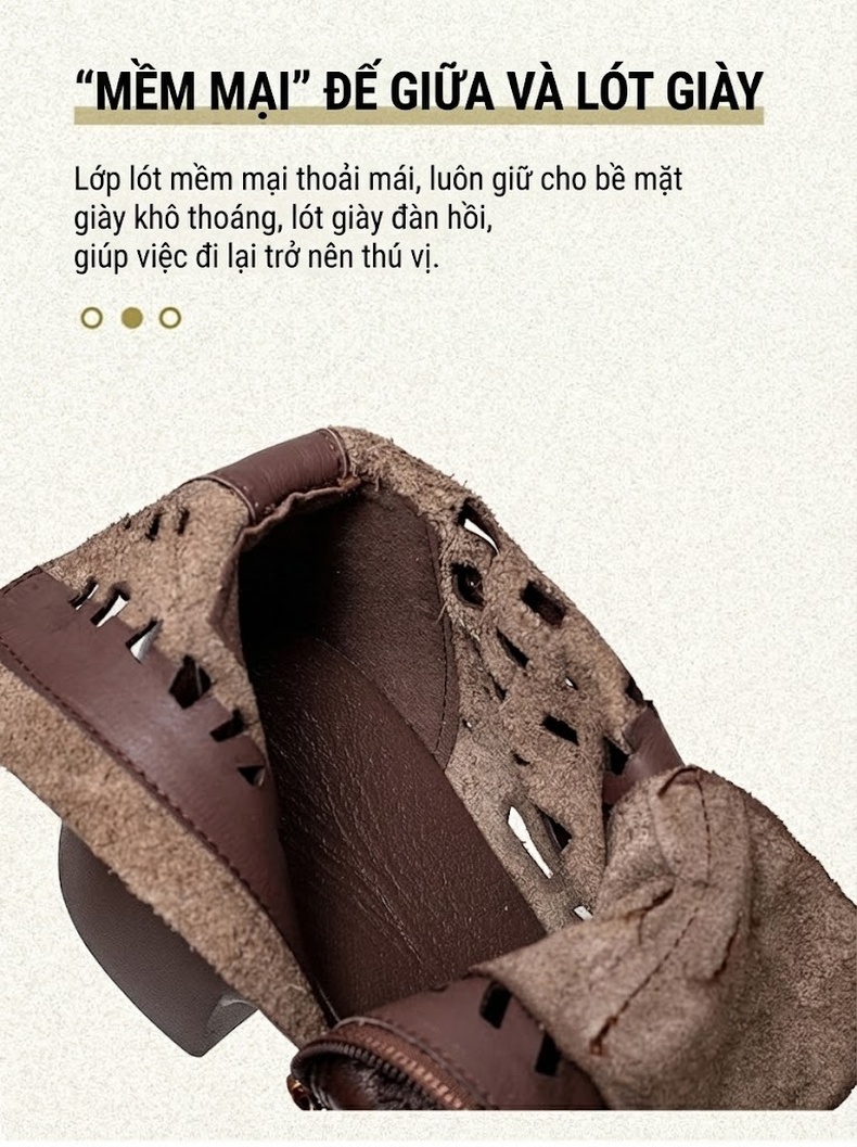 Boot Nữ Da Bò Lỗ Thoáng Mát Mùa Hè Buộc Dây Chiều Cao Đế Khoảng 5cm Màu Nâu, Đen chi tiết 6
