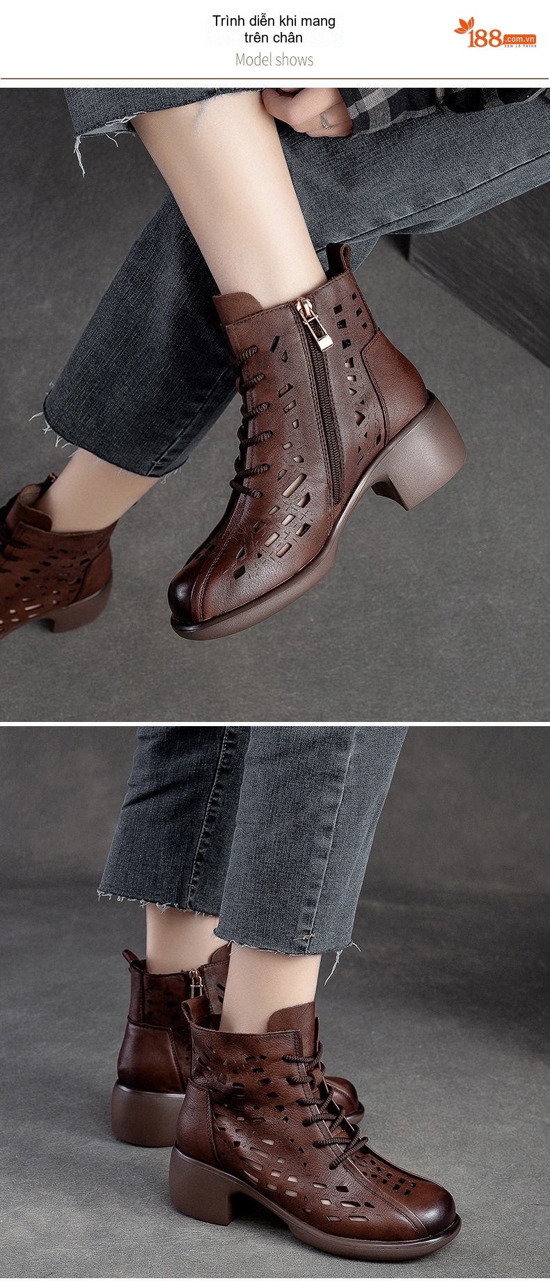 Boot Nữ Da Bò Lỗ Thoáng Mát Mùa Hè Buộc Dây Chiều Cao Đế Khoảng 5cm Màu Nâu, Đen chi tiết 7