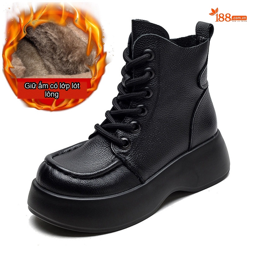 Boot Nữ Da Bò Lót Lông Chiều Cao Đế Khoảng 5cm Khóa Bên Màu Đen, Nâu