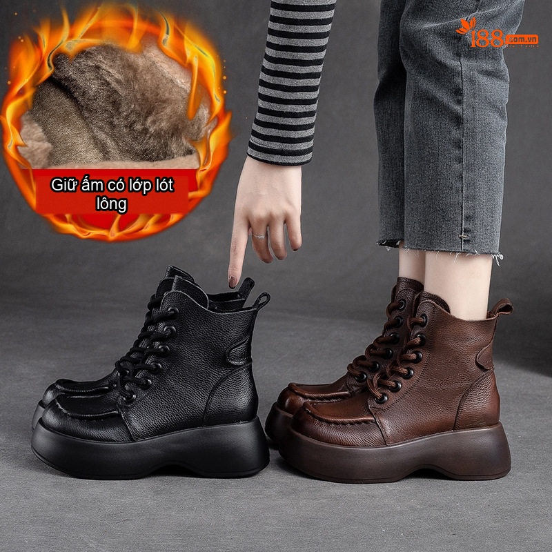 Boot Nữ Da Bò Lót Lông Chiều Cao Đế Khoảng 5cm Khóa Bên Màu Đen, Nâu