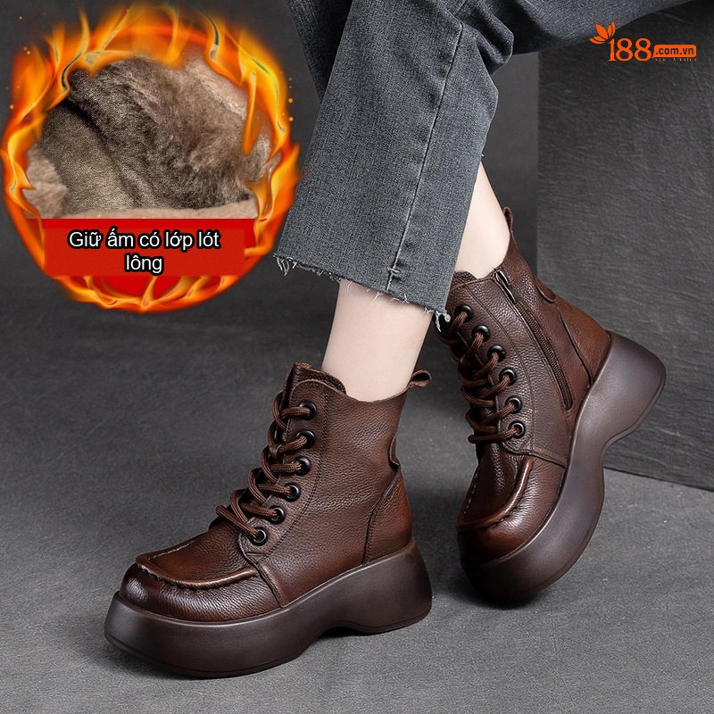 Boot Nữ Da Bò Lót Lông Chiều Cao Đế Khoảng 5cm Khóa Bên Màu Đen, Nâu